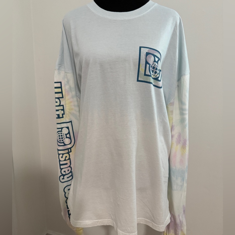 Disney Light Blue Long Sleeve Tee with Pastel Tie-Dye Sleeves